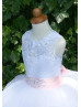 Beaded White Lace Tulle Keyhole Back Flower Girl Dress